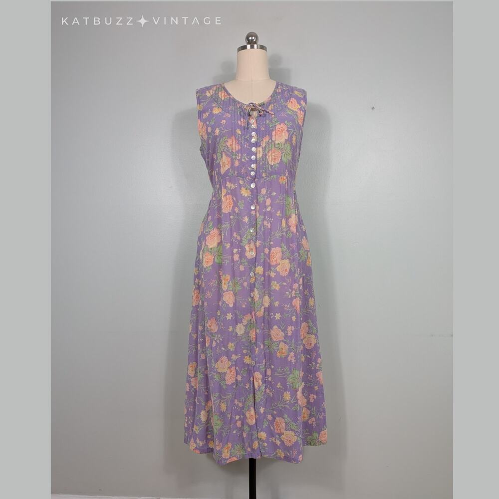 Vintage April Cornell Maxi Dress L Purple Floral 90S Cottage Sleevless Feminine